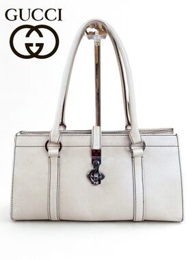 Gucci Vintage Off-White Leather Dog-Leash Clasp Tote Shoulder Bag & COA